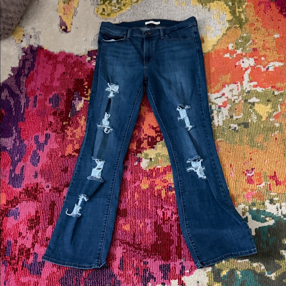 Levi's Dark Blue Distressed Flare Jeans